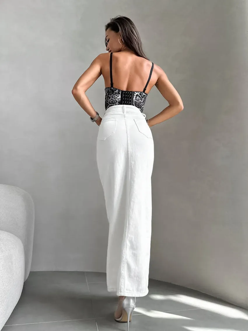 Women's White High-Waisted Fitted Button Skirt 100% Cotton