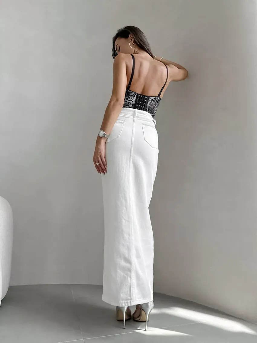 Women's White High-Waisted Fitted Button Skirt 100% Cotton
