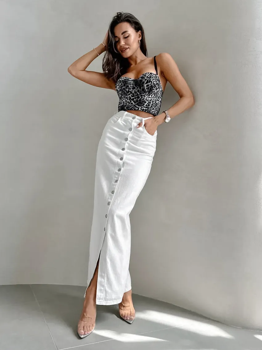 Women's White High-Waisted Fitted Button Skirt 100% Cotton