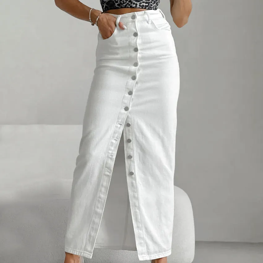 Women's White High-Waisted Fitted Button Skirt 100% Cotton