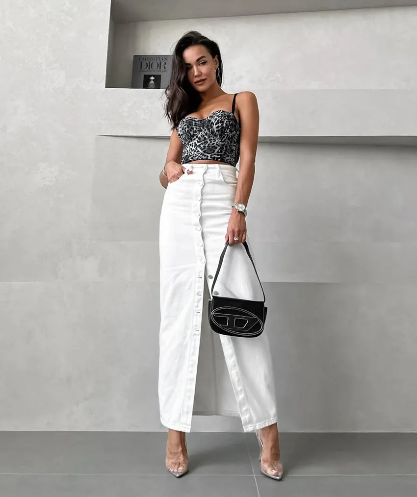 Women's White High-Waisted Fitted Button Skirt 100% Cotton