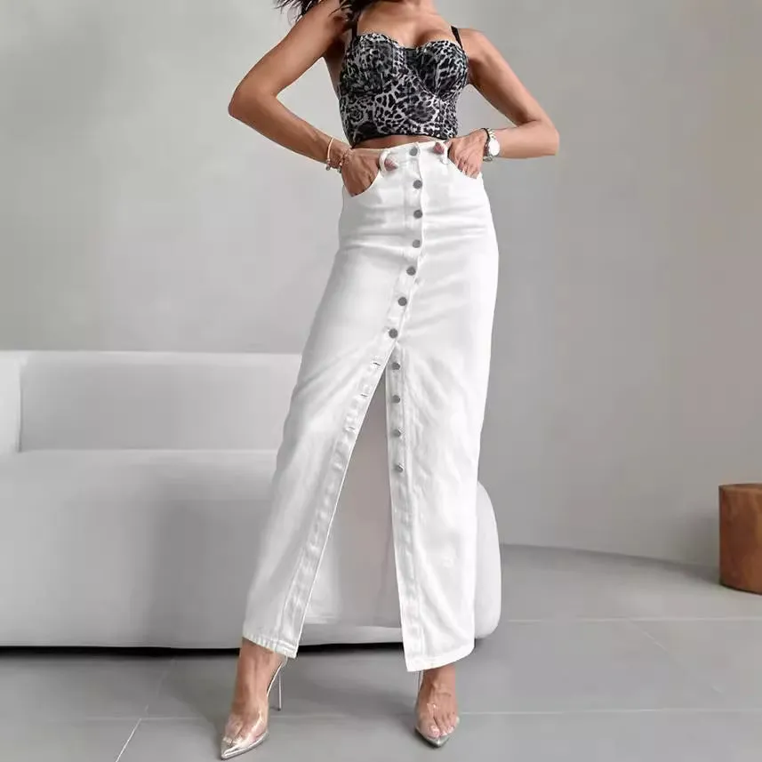 Women's White High-Waisted Fitted Button Skirt 100% Cotton