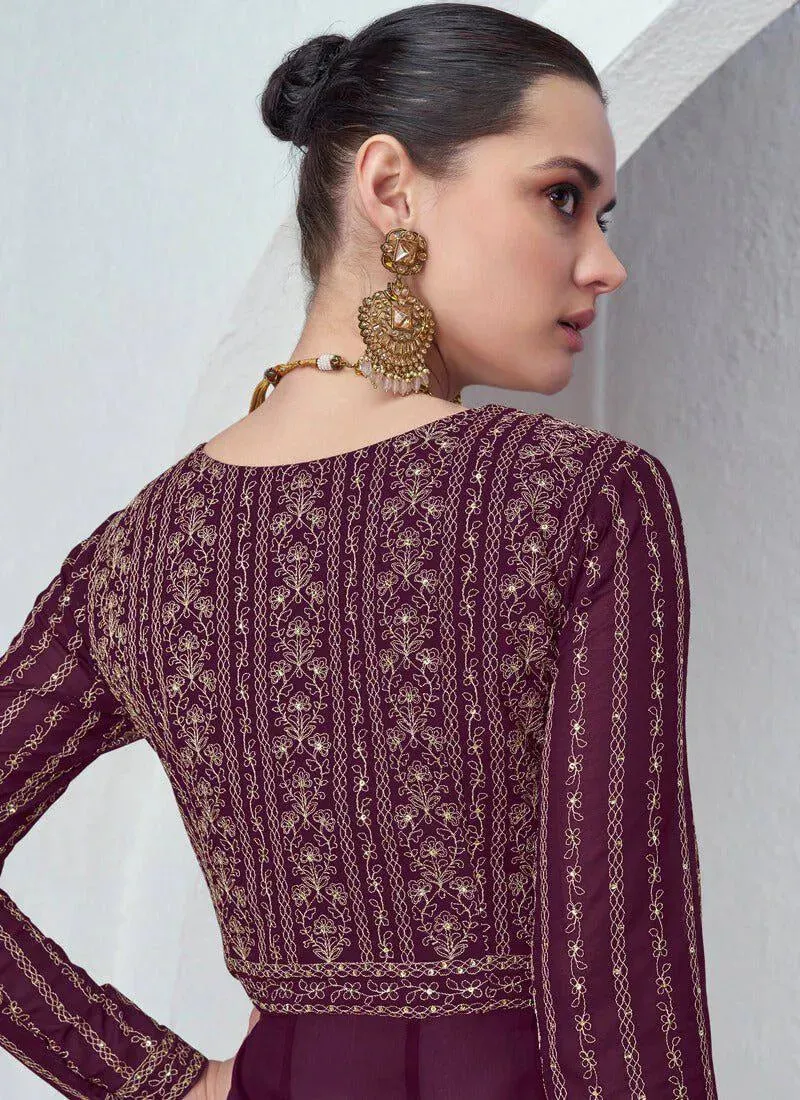 Wonderful Wine Faux Georgette Embroidered Gown With Skirt