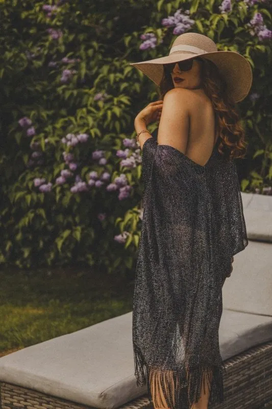 Xander Kostroma - Metallic Kimono Beach Coverup Black (95x95 cm) -Lightweight & Breathable Viscose -For Eco-Conscious Beach Lovers