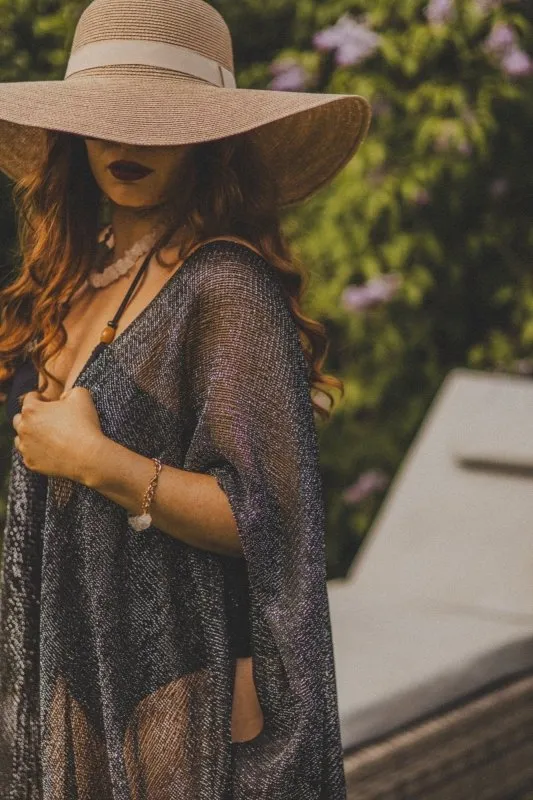 Xander Kostroma - Metallic Kimono Beach Coverup Black (95x95 cm) -Lightweight & Breathable Viscose -For Eco-Conscious Beach Lovers