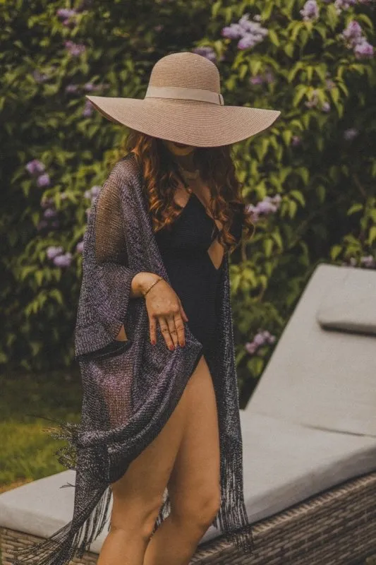 Xander Kostroma - Metallic Kimono Beach Coverup Black (95x95 cm) -Lightweight & Breathable Viscose -For Eco-Conscious Beach Lovers